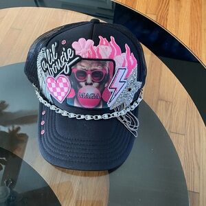 OTTO Black Trucker Hat with Pink Accents and Silver Chain